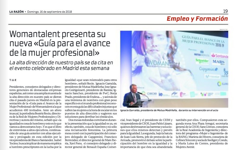 beatriz_recio's tweet photo. La #GuiaWomantalent, con @ignaciogarralda @la_Mutua, Isabel Tocino @bancosantander , F. Bermudez @capgemini, Xavi Pons @MarsGlobal , J.P. Lazaro @_CEIM_ @CEOE_ES , Ivan Segal @Groupe_Renault  y +30 altos ejecutivos nº1 en España. Hoy en @larazon_es https://t.co/xpD3RocCjc https://t.co/KJ8VeSuHFc