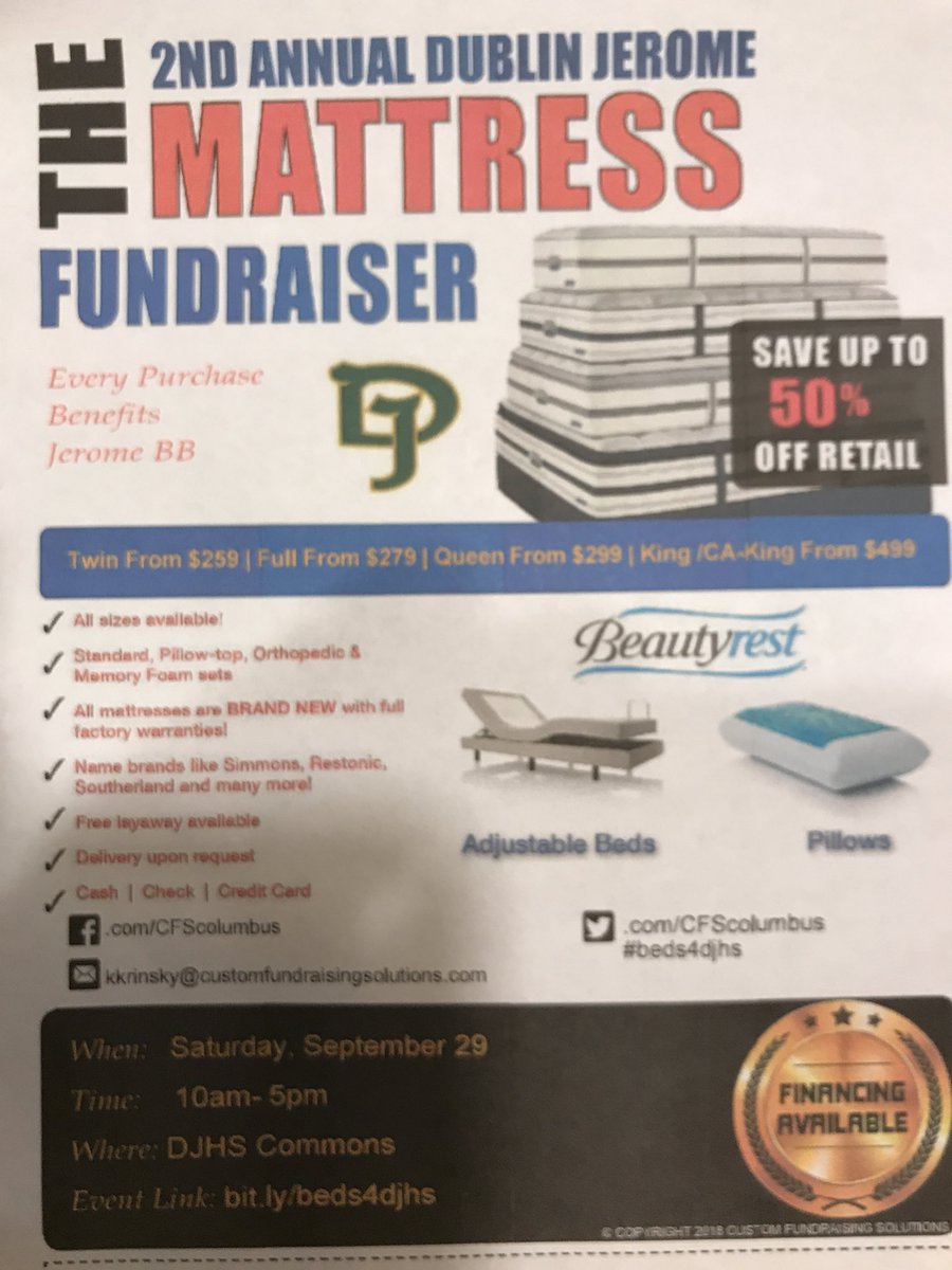 The @JEROMEBASEBALL1  mattress fundraiser is less than two weeks away.  Mark your calendar! 

Saturday, September 29
10:00am-5:00pm
DJHS Commons
<a href="/CFScolumbus/">CFS Columbus</a> 

m.facebook.com/CFScolumbus/ph…