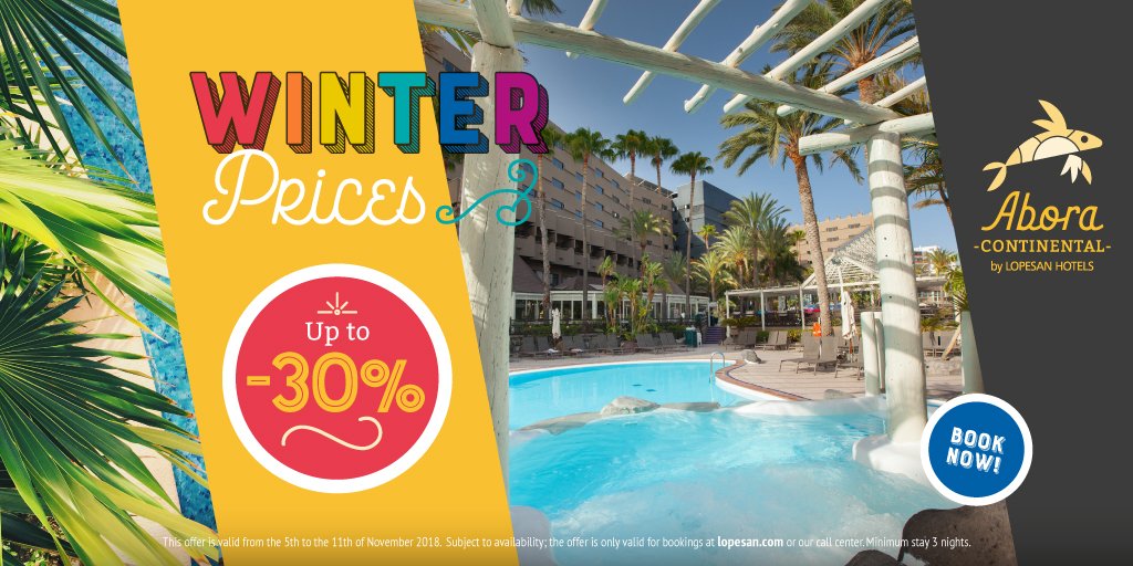 UP TO 30% DISCOUNT AT HOTEL ABORA CONTINENTAL!
Exclusive offer for our Winter Pride visitors and very limited! Receive up to 30% discount at the Abora Continental by Lopesan Hotels for stays between 5 - 11 November! Book now: bit.ly/2x6Gbye @AboraHotels