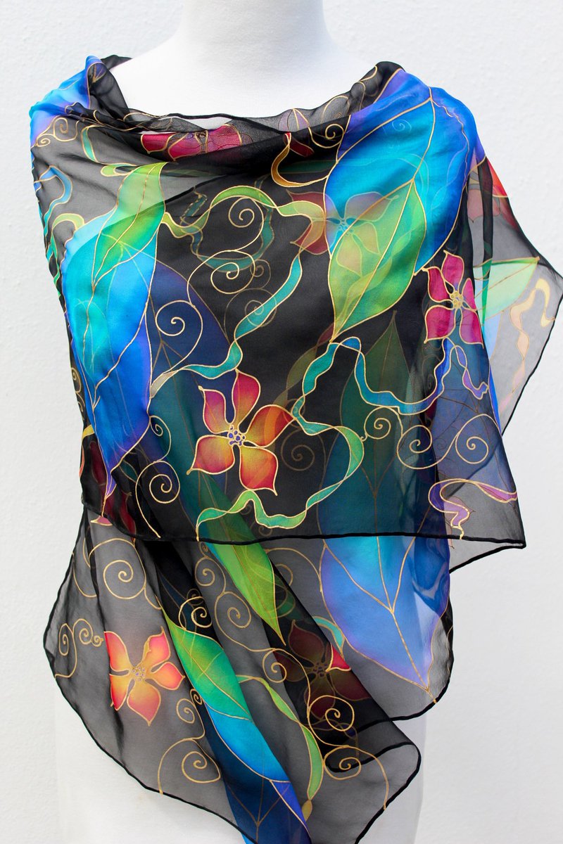 Chiffon silk scarf Hand Painted Black blue green turquoise Handpainted gold Long sheer black silk wrap Bright yellow flowers tropical scarf #silkscarf #blackscarf  #christmasscarf  #blueblackwrap  #vibrantchiffonscarf #chiffonscarf #uniqueoutfits #chiffonstole