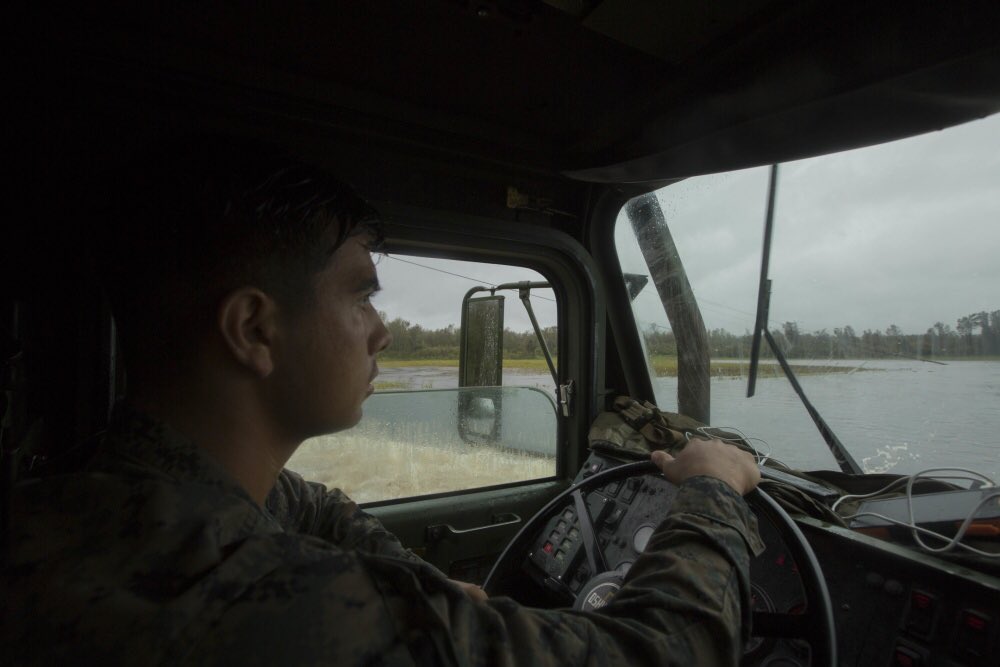 #Marines with CLB-8 conduct #DisasterRelief operations at Richlands, NC Fire Department to aid in evacuating the local populace in #EasternNC Sept. 15, 2018. #HurricaneFlorence. (Marine photo by Pfc. Nello Miele and LCpl. Auburne D. Gipson) #MutualSupport #CarolinaStrong