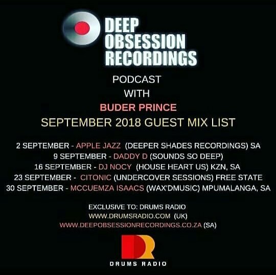 nocy_dj's tweet photo. @DJ_NOCY Guest mix
On @DeepObsessionRe With @BuderPrince On @DRUMSradio (UK) ๐ฌ๐ง 16/09/2018
#DeepobsessionRecordings #DrumsRadio #House #DeepHouse #soulfulhouse #DJNocy #househeartus #afrohouse #uk #kzn #Asinamali #Sunday #weareglobal #podcast https://t.co/7oz3bSmDfs
