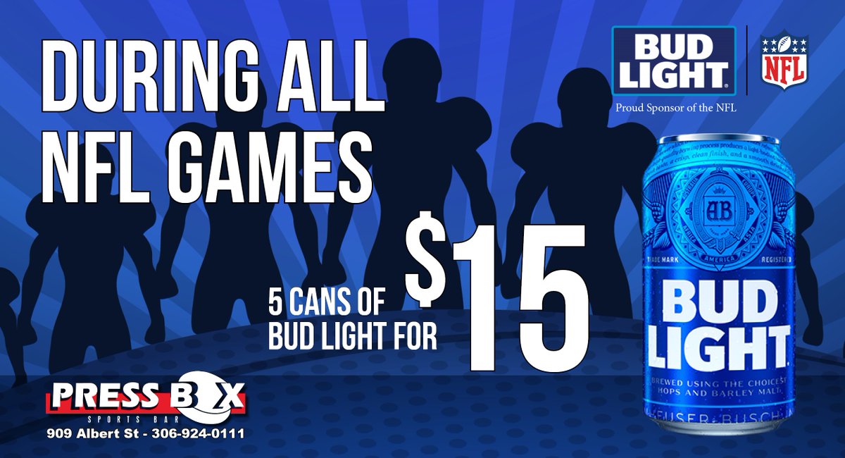 pressboxregina's tweet photo. During every NFL game this season enjoy 5 cans of Bud Light for $15 https://t.co/OP799e6ReW