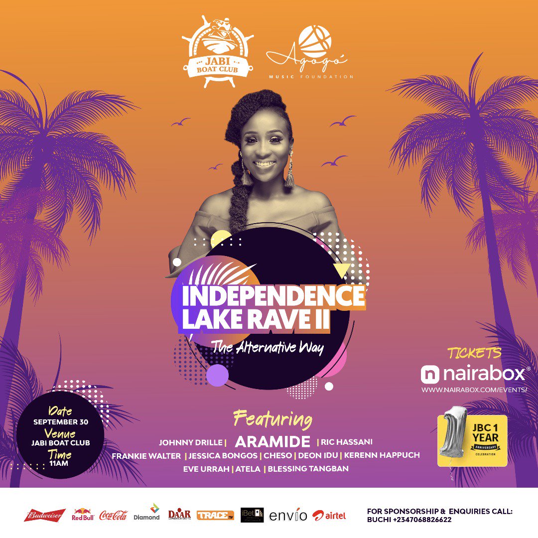 AramideTribe's tweet photo. Hi guys, @aramidemusic will be performing live at the Independence Lake Rave on September 30th at @jabiboatclub Go get your tickets at @nairabox and make sure you come out looking funky and ready to groove with me... #fallonthem #magic #funmilowo #agogo #jabiboatclub https://t.co/wHID56nIEs