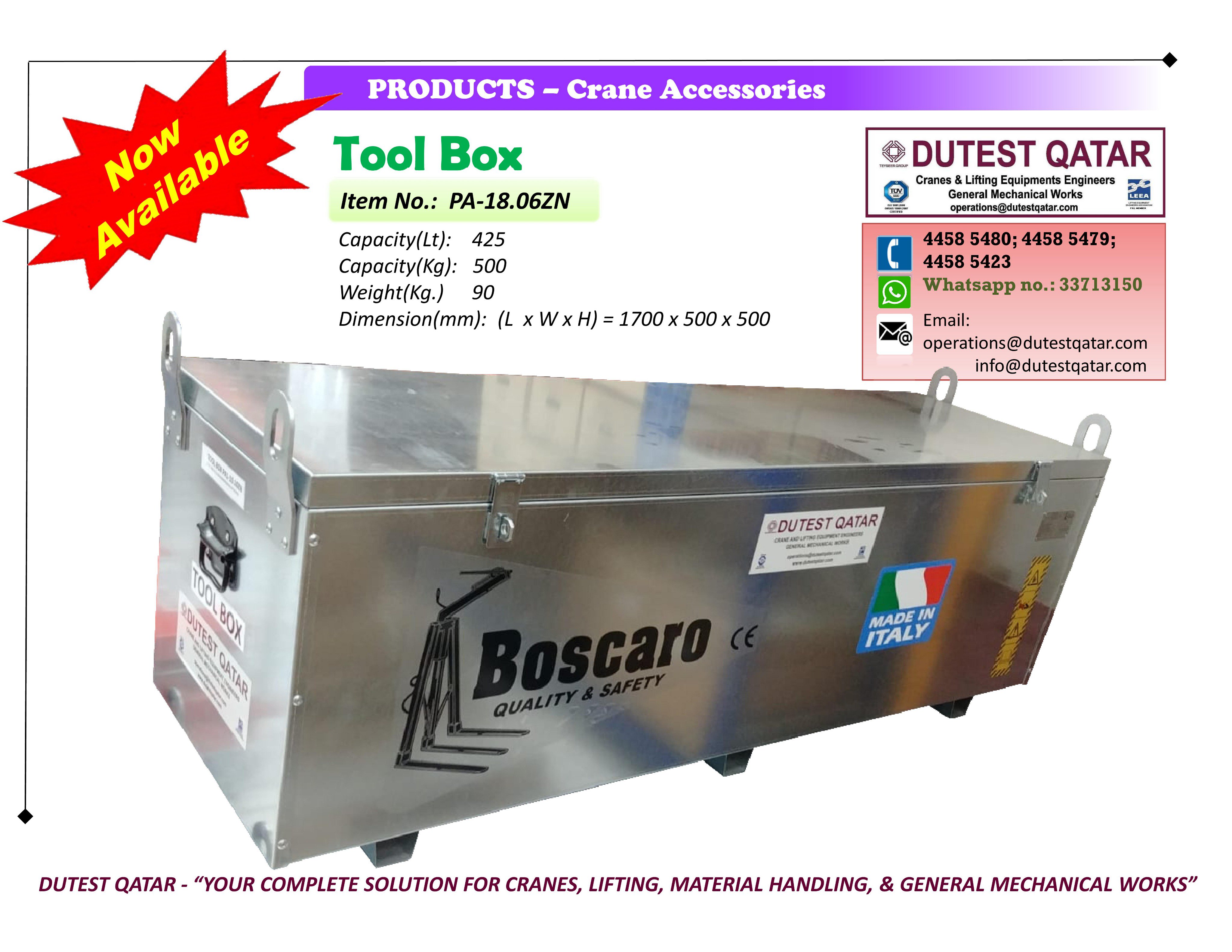 DutestQatar on X: Now Available: CRANE ACCESSORIES (Tool Box) - Capacity  500 Kg. (425 Lt.).. Call or 'whatsapp' us at 33713150. #DUTESTQATAR,   …  / X