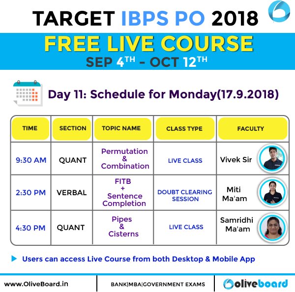 Oliveboard's tweet photo. IBPS PO 2018 | Day 11: Monday's Schedule is here. Don't miss this learning opportunity. #LearnWithOliveboard

Click here to Start Learning for FREE: https://t.co/Fv43m2CdBc

#LiveCourse #IBPSPO #IBPSPO2018 #Oliveboard #Schedule https://t.co/yYQRT32Re0