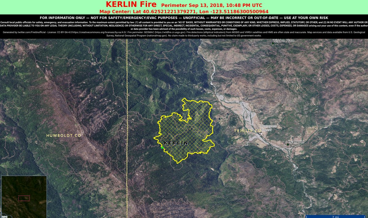 FireUnofficial's tweet image. #KerlinFire unofficial wildfire update: 1,751 Acres. 98% Contained*.
 16mi WNW of Hayfork, California. 57mi W of Redding, California. May be incorrect/outdated. Consult officials for safety info.