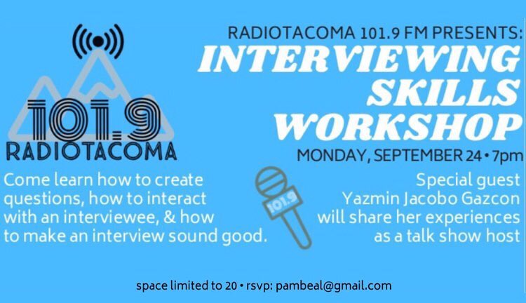 RadioTacoma's tweet photo. M 09/24: 7pm, @RadioTacoma’s interviewing skills workshop. Learn to create questions, interact w/an interviewee, & make quality interviews • Guest: Yazmin Jacobo Gazcon • The Bridge, 5601 S. Puget Sound • RSVP #radiotacoma #lpfm #tacoma #tacomawa #tacomaradio #ktah #gritcity https://t.co/3tuX766X18