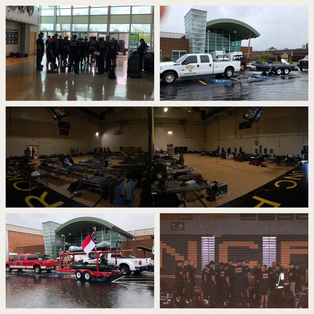 More 1st responders staging at #UNCP! Over 160 including Urban Search &amp; Rescue units from CO and OK and NC National Guard actively rescuing our friends &amp; neighbors in Robeson Co. Honored to host you and are grateful for your service! #RobesonStrong #FlorenceNC #BraveNation