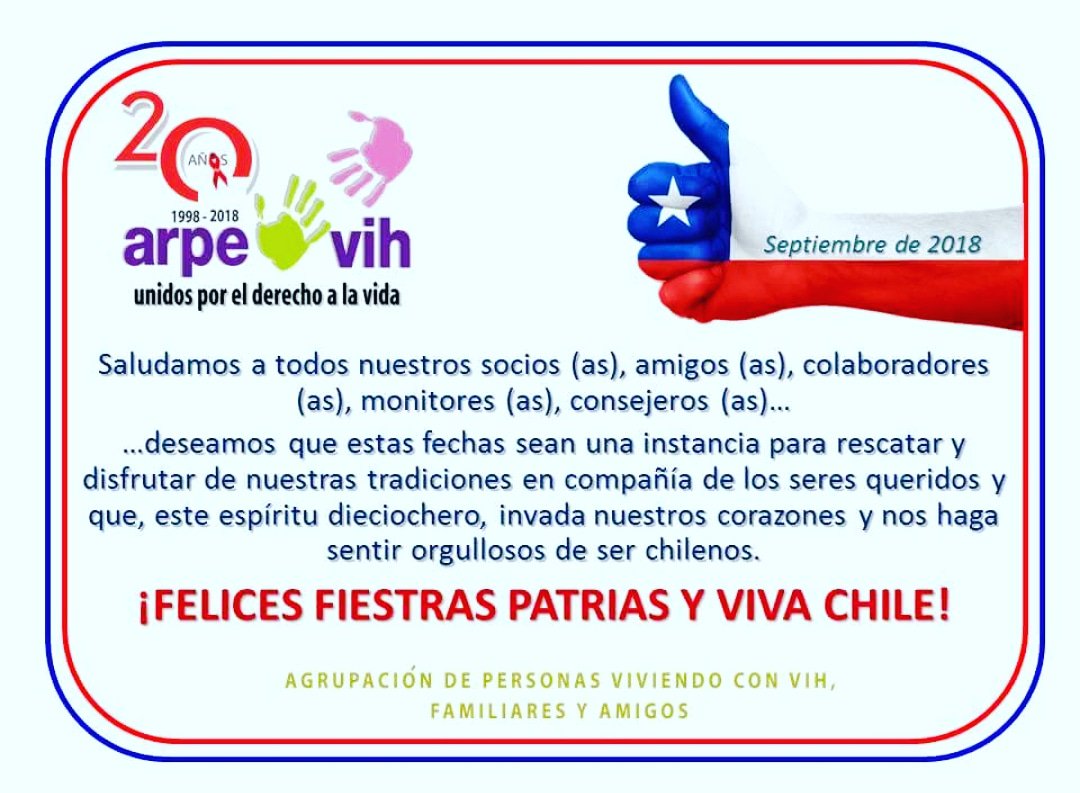 ARPEVIH's tweet photo. ¡Felices Fiestas Patrias!
🎗🇨🇱🇨🇱🇨🇱🎗 https://t.co/IbrMc0ZeXX