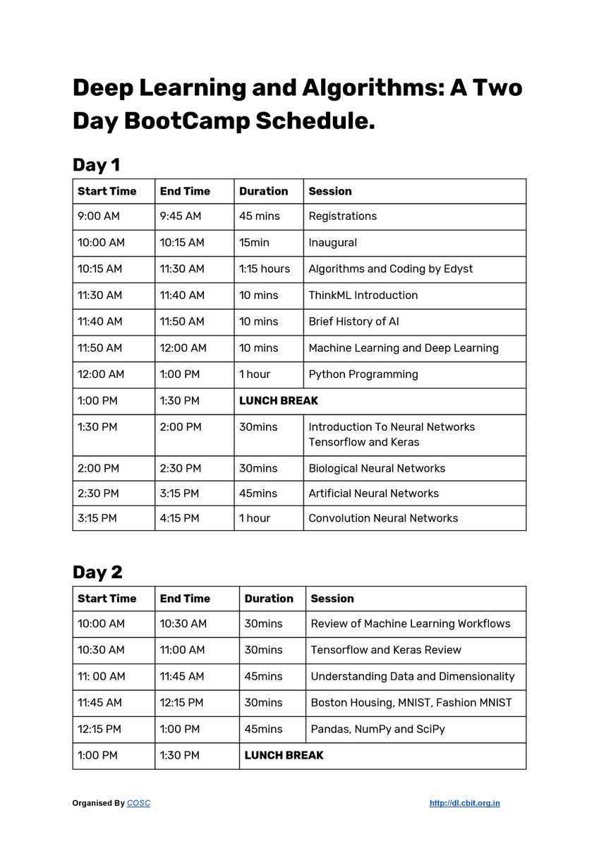 cbitosc's tweet photo. Heya!!
We now release the official schedule for the 2 day bootcamp What are you waiting for? Apply now using the link - https://t.co/YkT0oQ74De
#Keras #TensorFlow #DeepLearning 

Hope you are as excited as we are to host you on the 19th and 20th of September.

Regards,
Team COSC https://t.co/j5VzWX7J3D