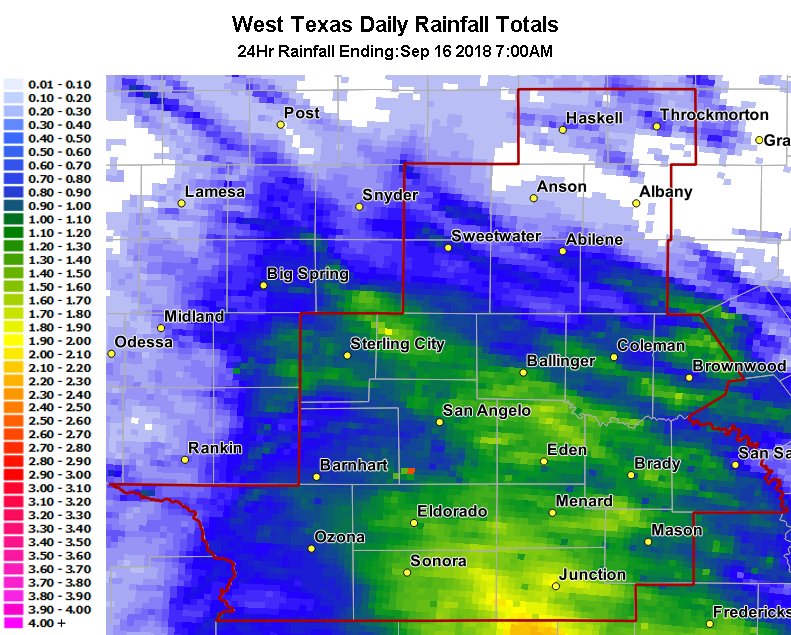 NWSSanAngelo's tweet photo. Here's a look at the observed rainfall totals across West Central #TX from 7 am yesterday to 7 am today. Eastern #SuttonCounty and #KimbleCounty were the big winners, with over 2 inches of rain. #SanAngelo had 0.80 inches and #Abilene had 0.60 inches. #txwx #sjtwx https://t.co/vzNfX7LrDo