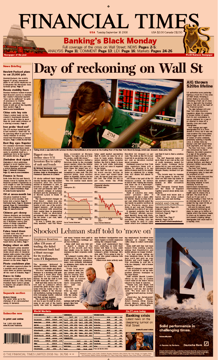 FinancialTimes's tweet photo. Ten years ago this weekend, Lehman Brothers collapsed. This is what our front page looked like on this day in 2008. 

See more of our front pages from the financial crisis: https://t.co/lxhxgqoi6W https://t.co/rGft1htH1S