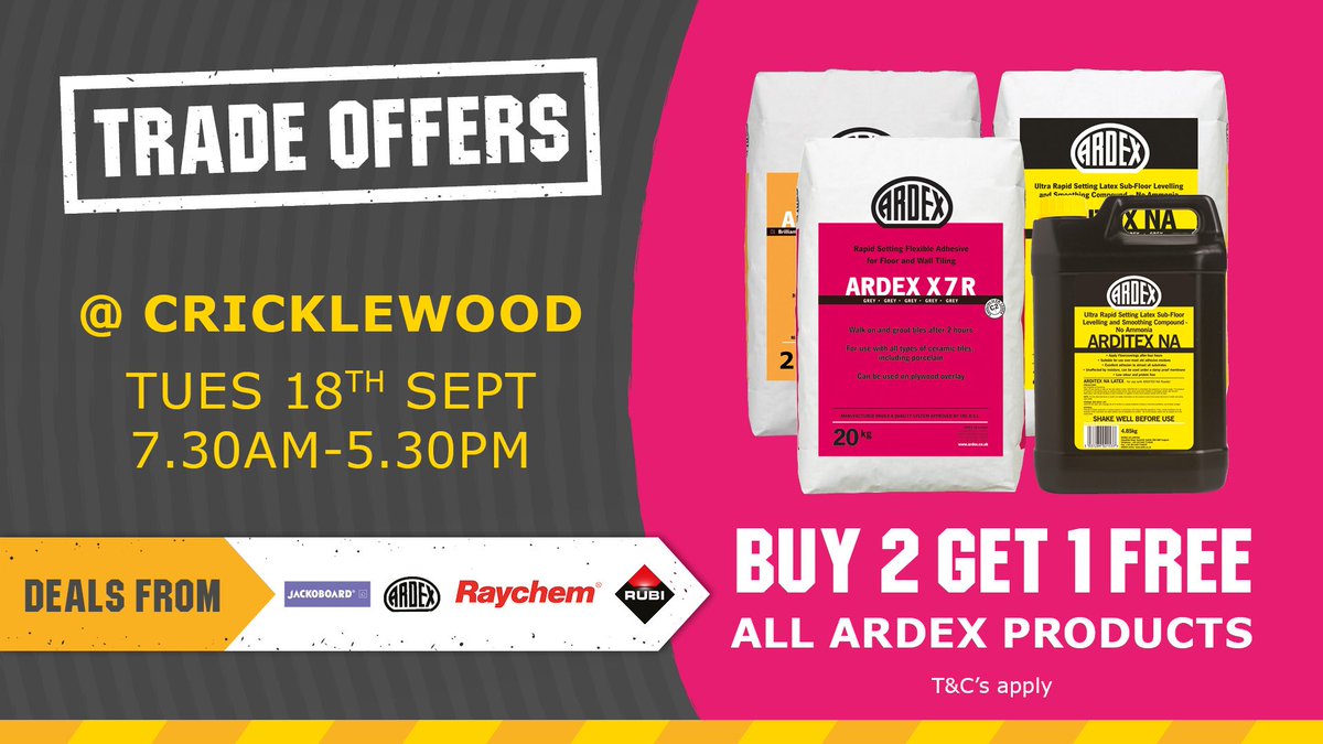 TheTileDepot's tweet photo. #TILEDEPOT #CRICKLEWOOD 
Join us for our Trade Offers Tuesday 18th September 7.30AM-5.30PM
✔️ Buy 2 get 1 FREE on all ARDEX products
✔️ More great deals
✔️ snacks and refreshments! https://t.co/AWBlpWHnbU