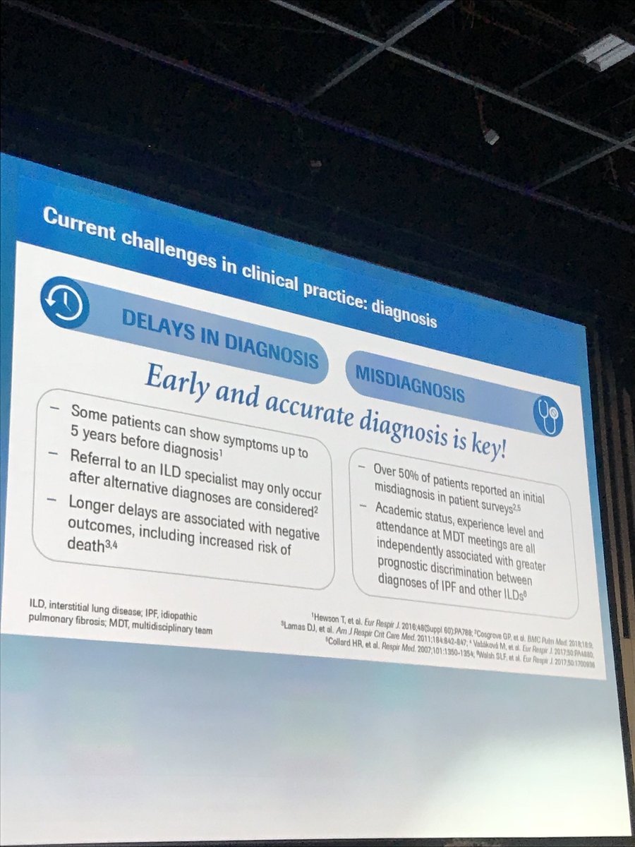 clairedavey2's tweet photo. Some IPF patients can show symptoms up to 5 years before diagnosis and 50% of patients reported an initial misdiagnosis. Awareness of IPF needs to be increased and early diagnosis is essential #ERSCongress https://t.co/UZUHarRXYt