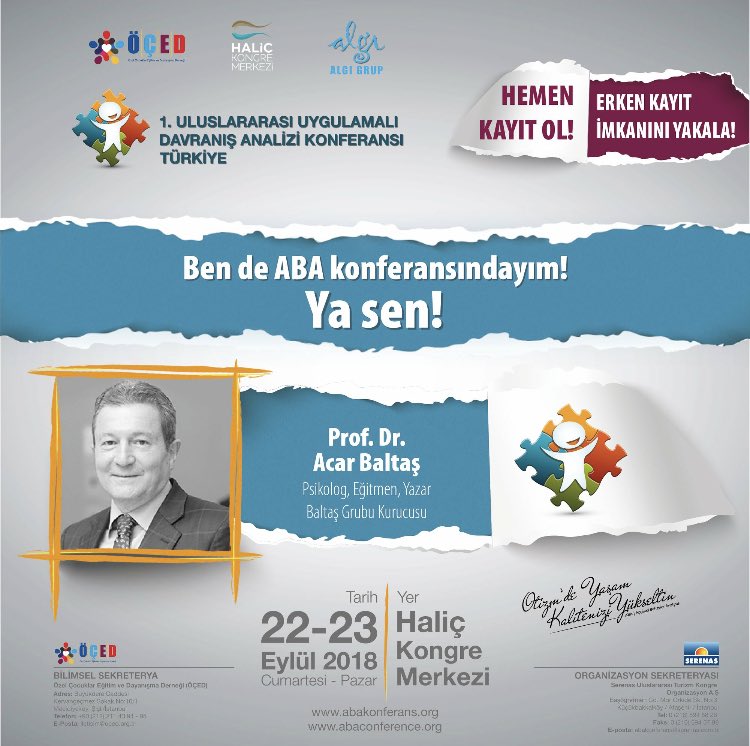 Prof. Dr. Acar Baltaş ABA Konferansı’nda;Özel Eğitim Sektöründe (Yönetici olarak) İnsanları ve İlişkileri Yönetmek Hakkında Konuşma Yapacak! Algı Özel Eğitim Özel Çocuklar Eğitim ve Dayanışma Derneği <a href="/slmparlak/">Selim Parlak</a> @pyakupyan <a href="/mevlutdulger/">mevlüt  dülger</a> <a href="/baltasgrubu/">Baltaş Grubu</a> <a href="/acarbaltas/">Acar Baltaş</a> #acarbaltas #otizm