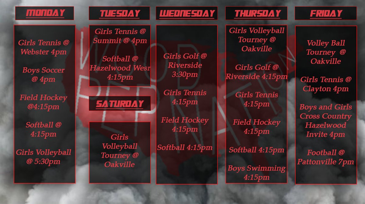 WoodPepNation's tweet photo. This weeks schedule for the Pioneers. Show up and show out!!! @notmagicscience @ginawoodard6 @kwoodgirlsgolf @Soccer_Kirkwood @KirkwoodFB @KHS_Softball @KHSPioneerFH @KirkwoodSwim #WoodPepNation #PioneerPride https://t.co/Ziv94Ltvua