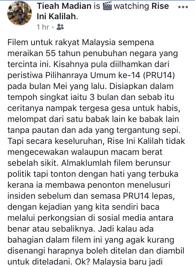 tieahmadian's tweet photo. Ini hanyalah pendapat peribadi aku.. Apa apa pun terima kasih untuk filem #RISEIniKalilah yang punya pelbagai versi cerita termuat di dalamnya.. Syabas ditujukan buat keseluruhan team yang menjayakan.. 👏🏼 https://t.co/Db2gANaOlF