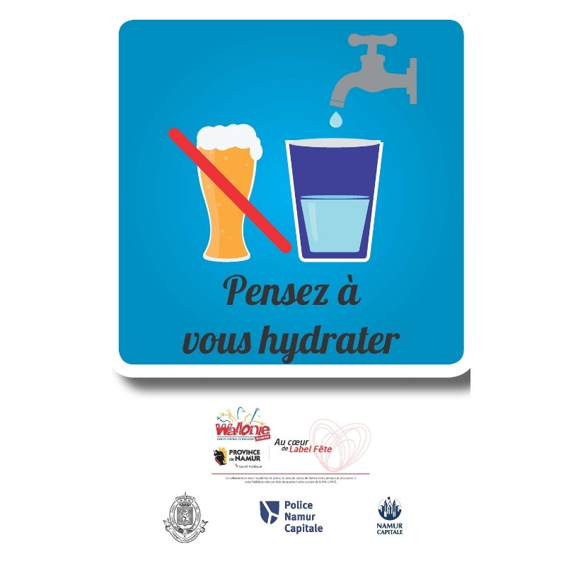 ZPNamur's tweet photo. #Wallos18 à #Namur ce dimanche soir? Pensez à vous hydrater... avec de l'eau ;-) servie gratuitement aux bars des comités de quartiers. Et si vous avez bu autre chose que de l'eau, ne reprenez pas le volant! #Backsafe https://t.co/1brFitxtNX