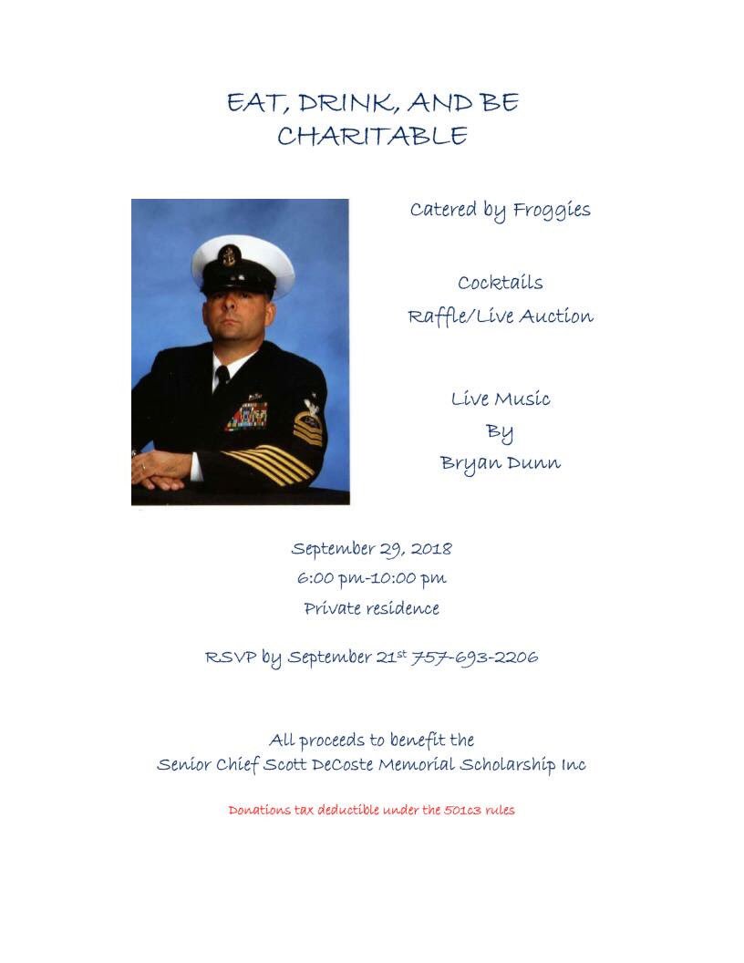 Less than two weeks to go for the scholarship fundraiser. It's not too late to become a sponsor or donate a raffle item. Food, music, and honoring a great man's memory. sdecoste.org #Scholarships #navyseniorchief #serviceconnecteddeath @FroggiesVB