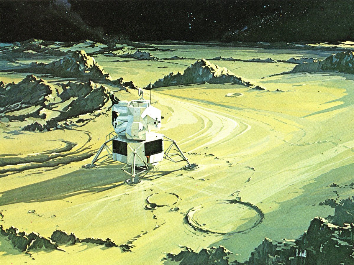 HumanoidHistory's tweet image. Landing on the Moon in Robert Watts concept art for Ryan Aeronautical, 1969.