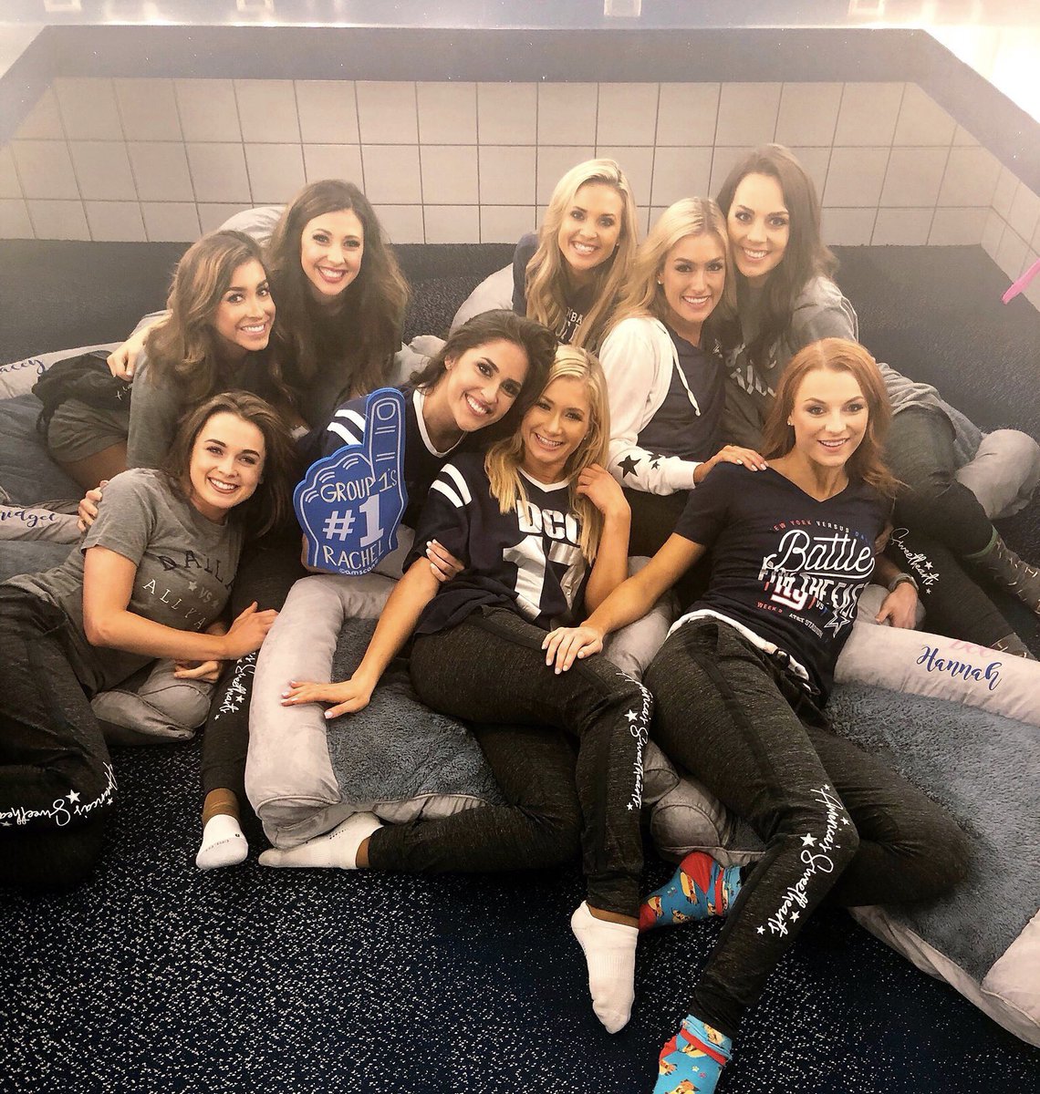 DCC_Rachel's tweet photo. Game day or sleepover?!?!! Thanks for the comfy group gift @DCC_Gina 😍💙 #youdayoudabest #group1 #dogpile https://t.co/1MHtw3a4uW