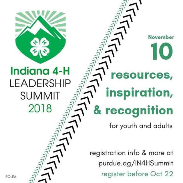 You're invited to the 2018 #Indiana4H Leadership Summit! On November 10, we will gather to energize 4-H youth, volunteers, and staff and provide education and resources to inspire leadership in 4-H programming. Visit ift.tt/2xnnTJB to learn more and sign up! #4HGrowsHe…
