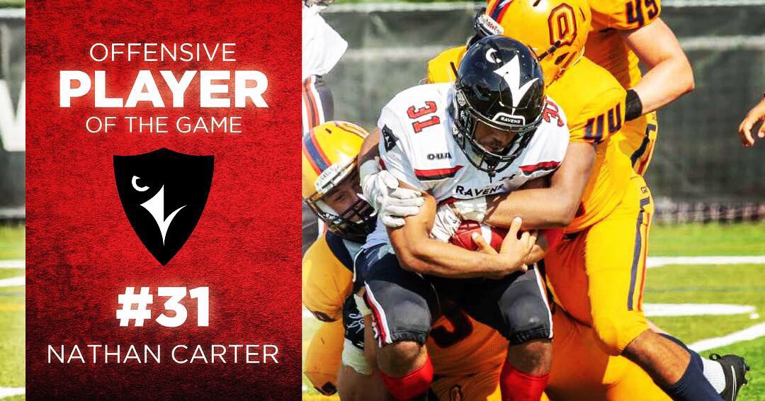 CURavensFB's tweet photo. 🏈 #Ravens vs #Gaels players of the game. On offence, Carter rushed 159 yards while adding 20 receiving yards and a touchdown catch. Meanwhile on defence, Joshua Walsh recorded 9 solo tackles. Walsh is now #2 on the @ouasport solo tackle leaderboard. 💪😤#FearTheConspiracy https://t.co/6aKQ8R3rRt