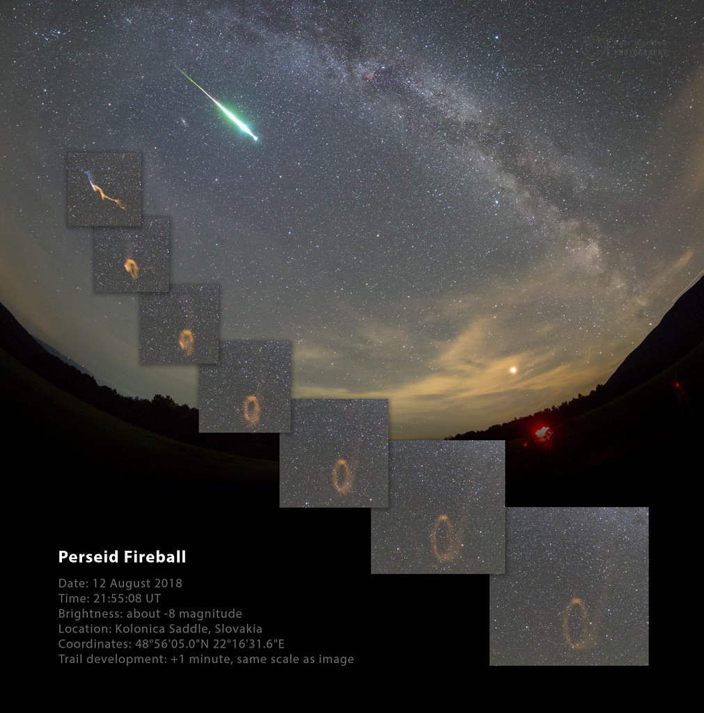Elec_Universe's tweet photo. Perseid #Fireball and Persistent Train: "this #Perseid left lingering visible trail known as a #PersistentTrain. Its development is followed in the inset frames, exposures separated by one minute and shown at the scale of the original image" https://t.co/WtkqNCf2An https://t.co/1glVooywmy