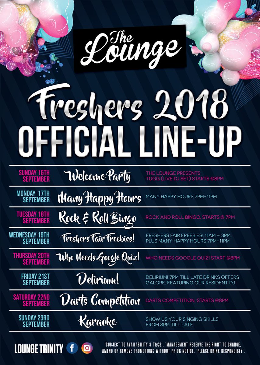 LoungeTrinity's tweet image. We&apos;re Back and Our Freshers Line up Is Going Be awesome!?! #Fresher2018 #Welcome #LetsParty!