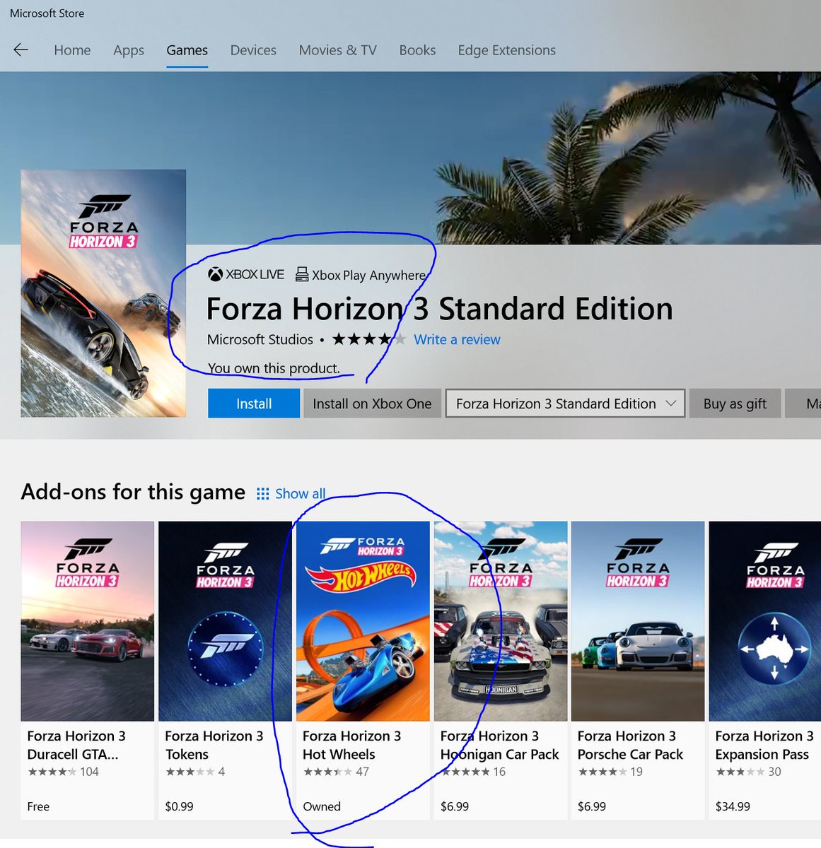 kal0's tweet photo. and now that I own a PC at home …. just browsing around and NOTICE THIS (OF COURSE!!!!) #XboxPlayAnywhere #ForzaHorizon3 #HotWheelsEdition …. I need a steering wheel now … LOL SWEETTTT!!!!!!! @seancapri @VoicedByNathan @MLSReserves @thexboxdrive @Xbox https://t.co/o6DODhU2hE