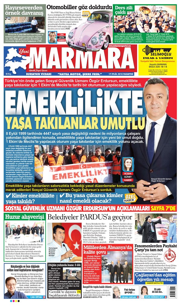 17 Eylül 2018 Pazartesi. Yeni Marmara Gazetesi 1. Sayfası. Gazetemizin 16 Sayfasının tamamını yüksek çözünürlüklü okumak için yenimarmaragazetesi.com adresine girip, "Gazetemizi Okudunuz mu? Hemen Tıklayın" bölümüne girebilirsiniz