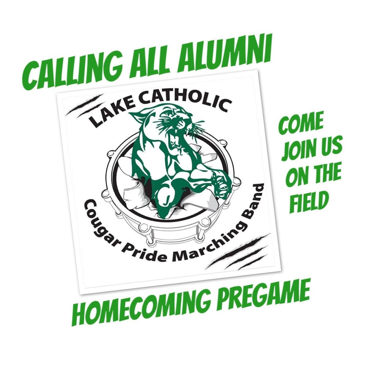 CougarsMarch's tweet photo. COUGAR PRIDE ALUMNI: you are invited to play pregame with the band at our homecoming game this Friday! A brief practice will occur at 6pm at the stadium! Email jbretz@lakecatholic.org for more information if you’re interested! https://t.co/ikKe11guNa