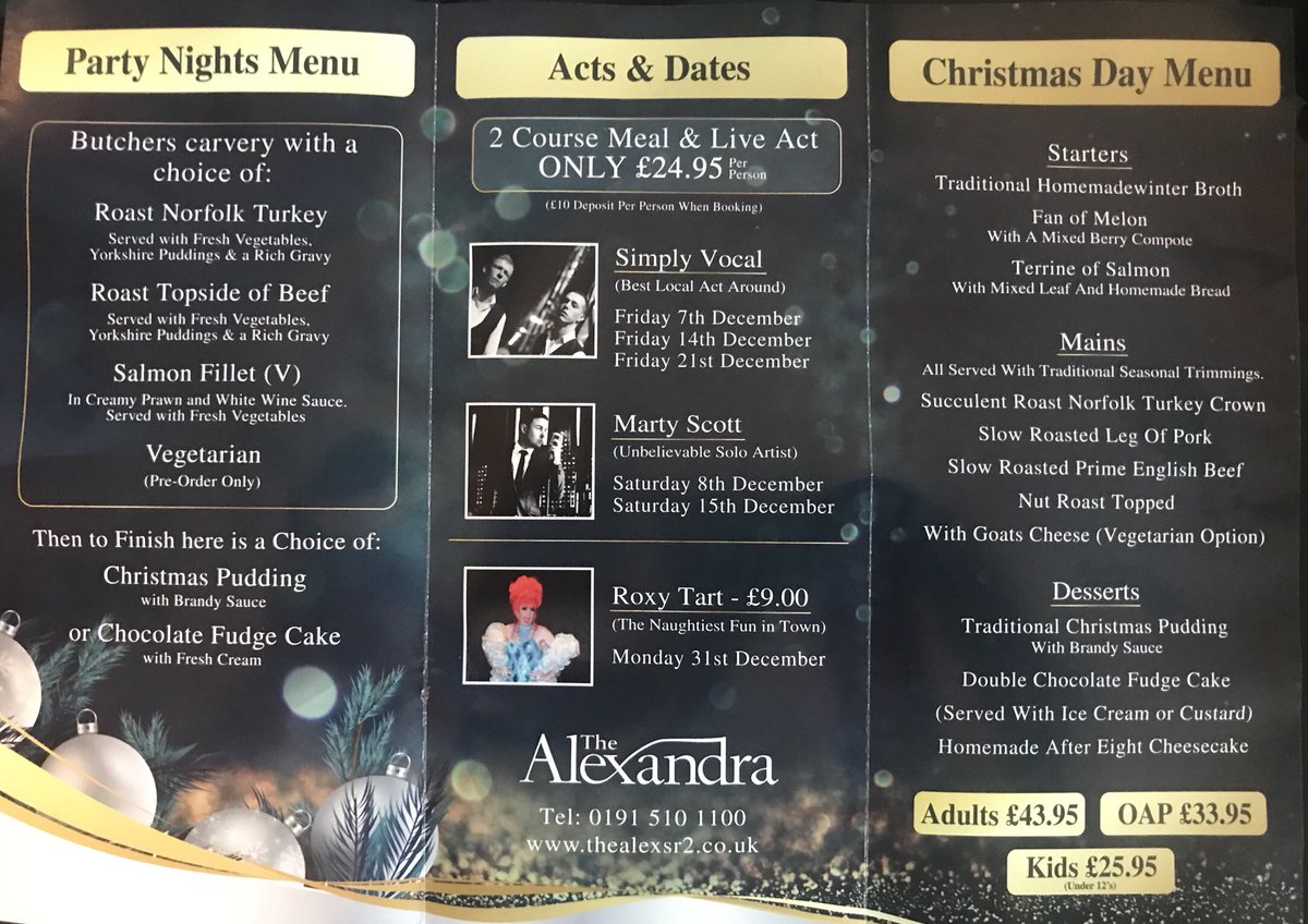 #Christmas Day Lunch &amp; our party nights are now available to book here at the Alexandra Steakhouse! Take a look at our Christmas leaflet to see what’s on offer!

Call: 0191 510 1100 or give us a message. #Christmas2018 #Sunderland