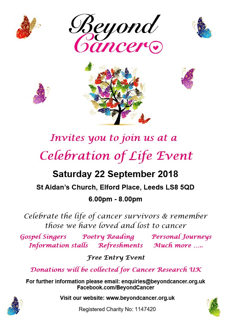 Come and join us at Beyond Cancer's 4th Celebration of Life Event on Saturday 22nd September 2018.  We will be celebrating the life of cancer survivors and remembering those we have loved and lost.  beyondcancer.org.uk/upcoming-events