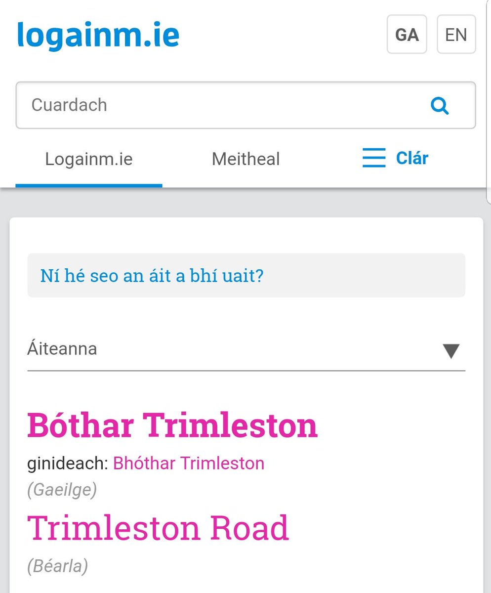 barrymward's tweet photo. Cad a tharla anseo @dlrcc? Níl, agus ní raibh, aon 'b' i dTrimleston riomh ré! Tá Timbleston, nó "Baile Trimble" i mBaile na Gabhar, agus #Trimleston i mBaile an Bhóthair. Ba cheart "Bóthar Trimleston" bheith ar an fógra ar chlé de réir https://t.co/hraSKs0JhV
#Booterstown https://t.co/f432MlEq4S