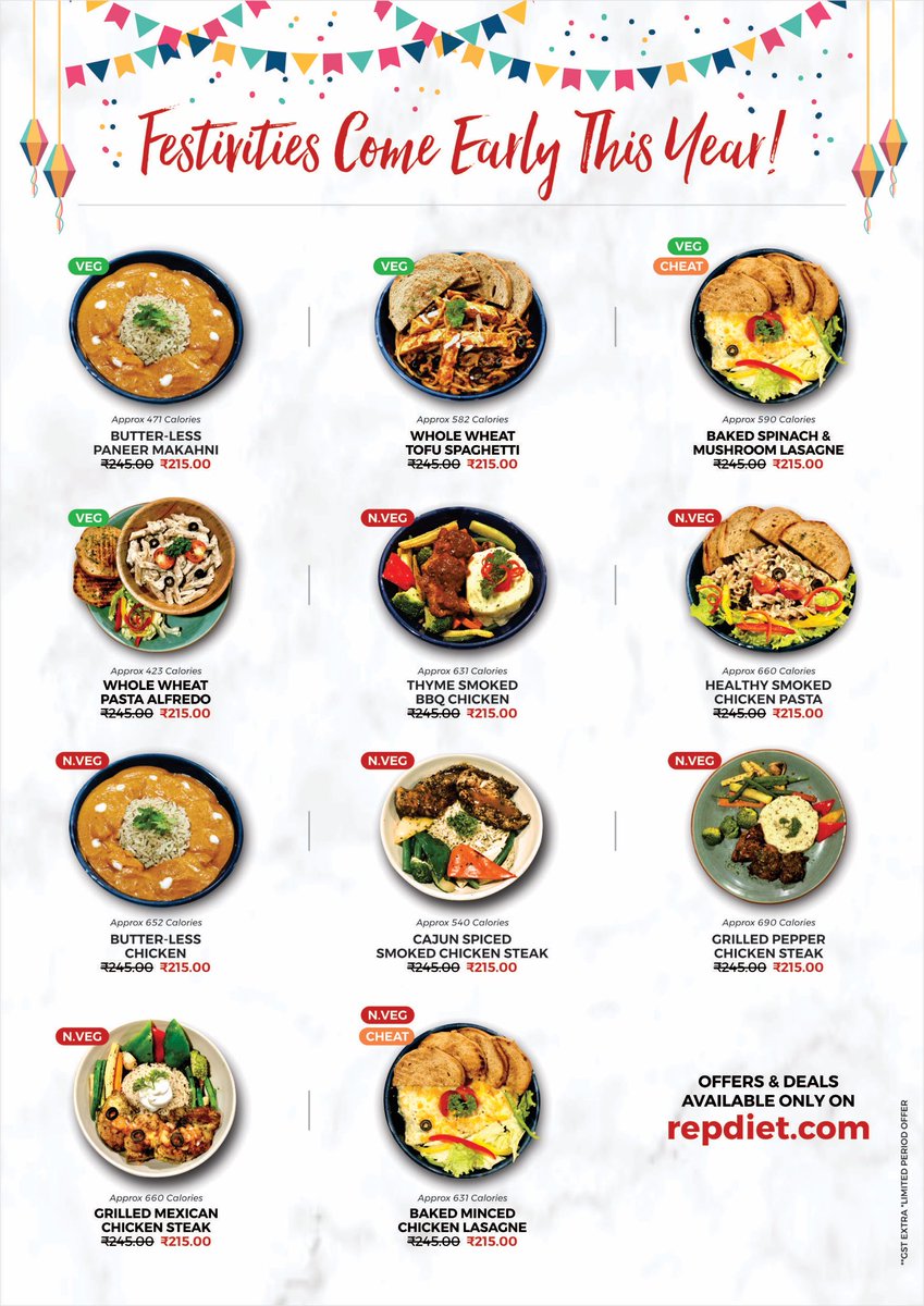 repdiet's tweet photo. FESTIVITIES COME EARLY THIS YEAR! Celebrating RepDiet's 1 month of overwhelming response. Full meals starting at 215/- only
.
.
.
#festival #chandigarh #repdiet #fitness #delicious #food #cleaneating #wellness #india #workout #grilled #calorie #count #vegetable #chicken #health https://t.co/P1lMoo6EG9