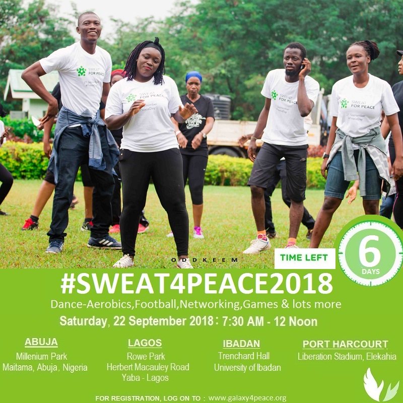 galaxyforpeace's tweet image. #DYK sport is a tool with which we can promote peace?
Why not join us on 22/9/18 lets #Sweat4Peace through dance aerobics, games, football as we mark #PeaceDay
Yet to register, get the free ticket here goo.gl/pBYftd @PeaceOneDay @UNICLagos 
#Sweat4Peace2018 #SDG16