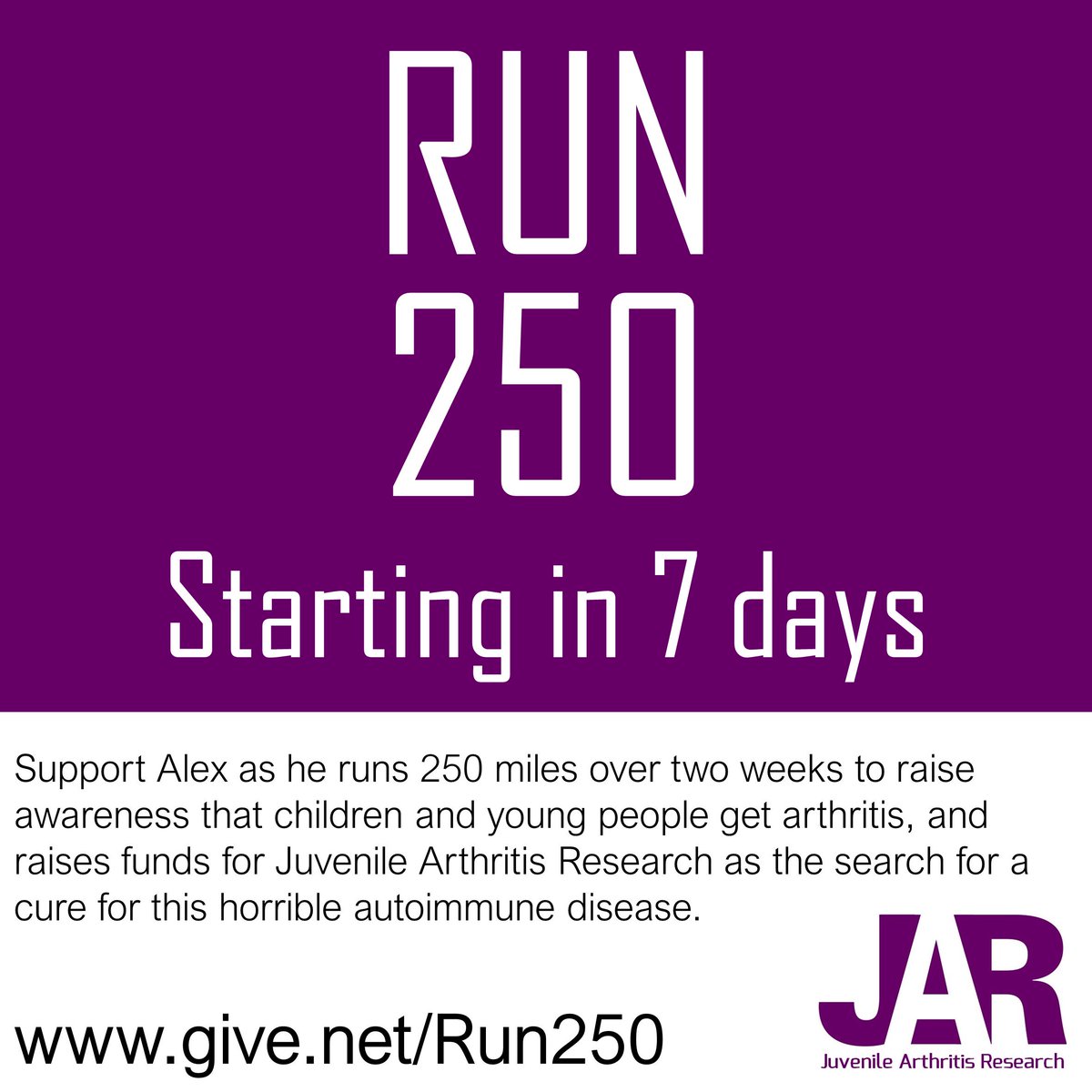 JARProject's tweet photo. #Run250 starts in just one week! Support Alex as he runs 250 miles over just 2 weeks to raise awareness that children and young people get arthritis. Support him at https://t.co/HJmXlKPTWf, and share this post to help raise awareness. #JIA #rt https://t.co/IwfcyJEZJU
