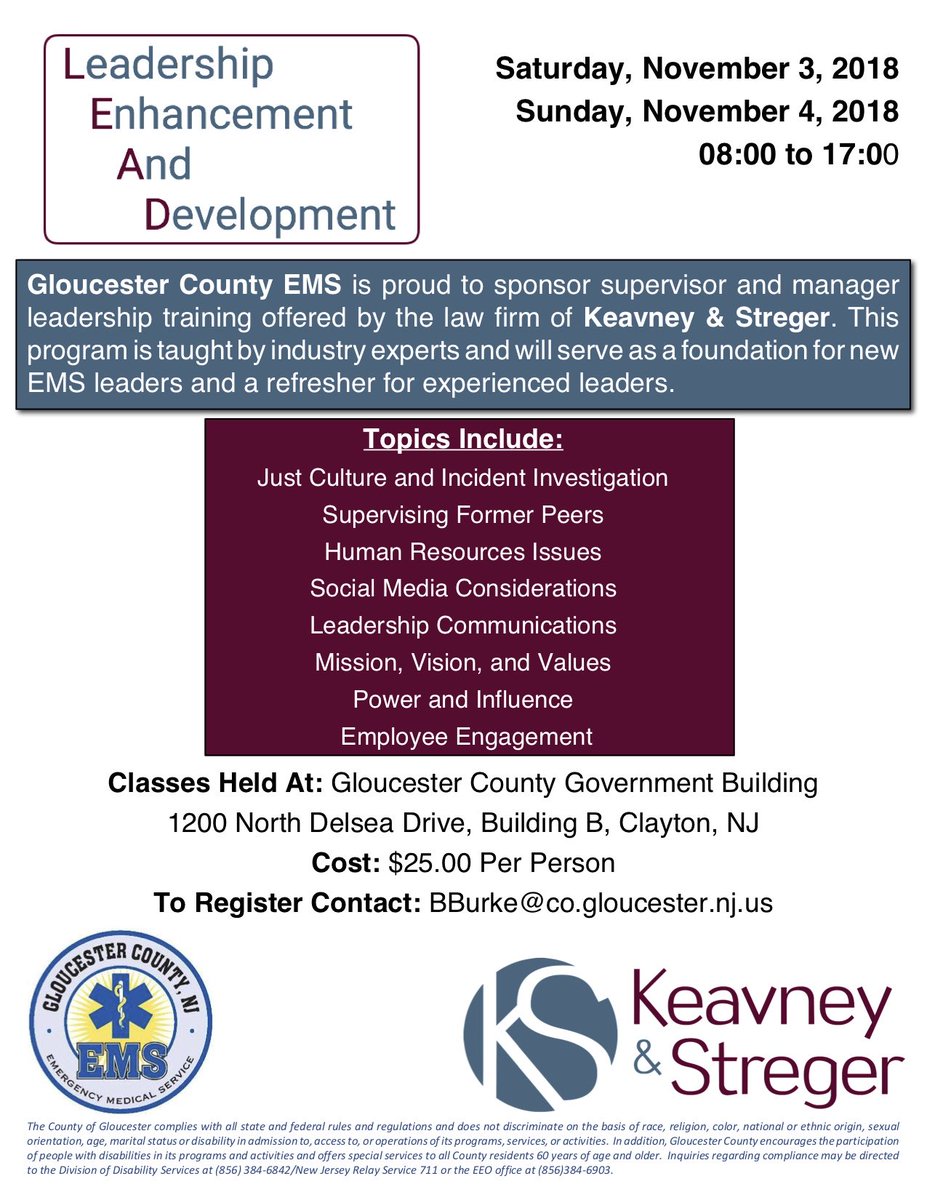 Leadership Enhancement and Development (LEAD) training at Gloucester County EMS Nov 3-4. Great for supervisors and managers!