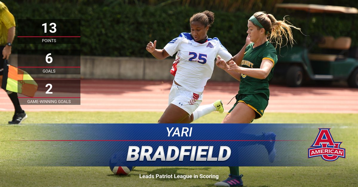 AU_WSoccer's tweet image. Yari Bradfield leads the @PatriotLeague women&apos;s soccer in scoring after the first week of conference play. Bradfield scored her sixth goal of the year in the opening minute against @TerrierWSOC on Sunday afternoon. #Rememberhername #everyvotecounts