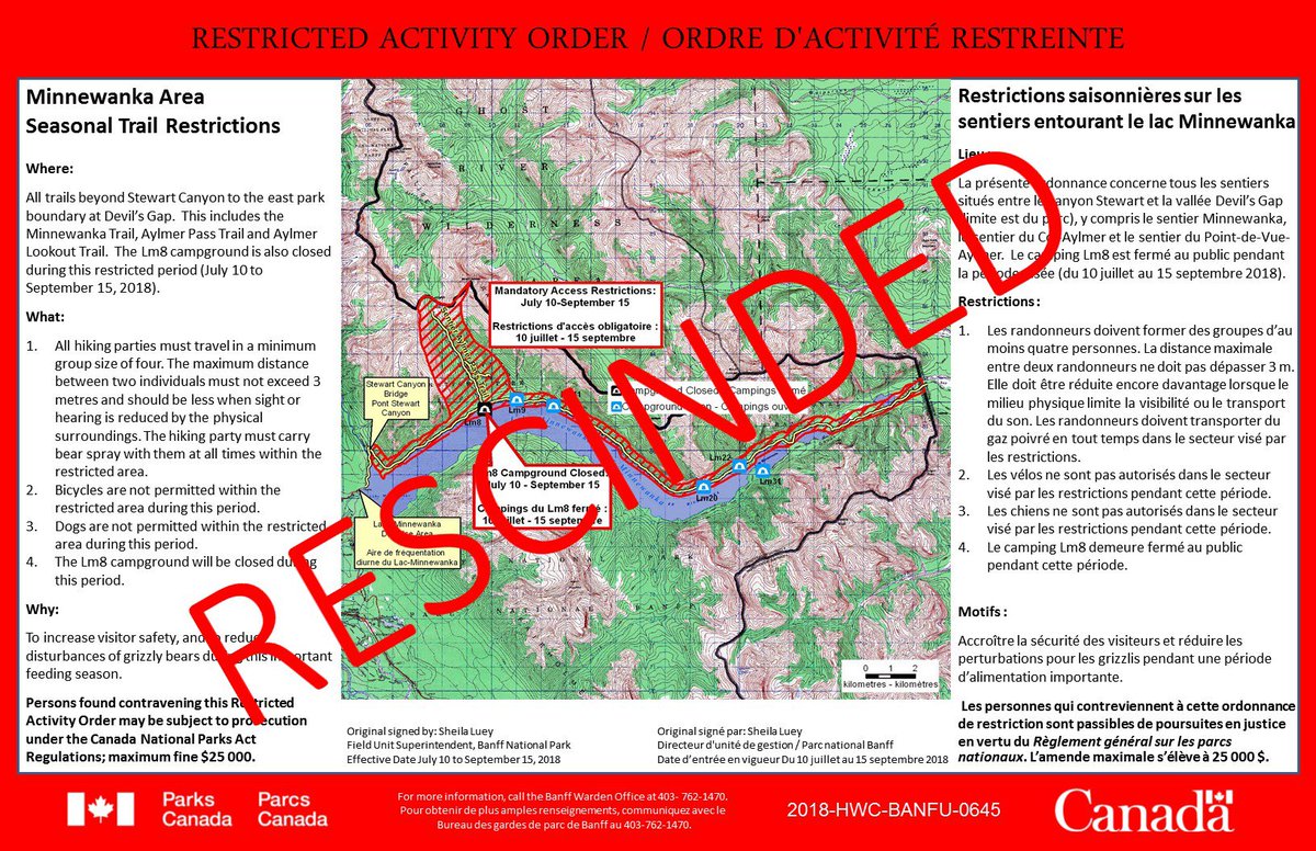 The Restricted Activity Order for the Minnewanka Lakeshore  put in place July 10 has been rescinded. #Banff NP #ParksCanada