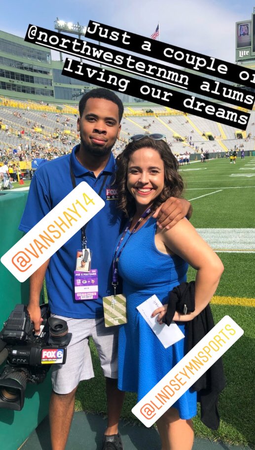 UNWCommDept's tweet photo. Alumni @vanshay14 and @lindseymnsports representing @northwesternmn well at the @vikings v. @packers game @officiallambeau today https://t.co/sWs4XOTl4k