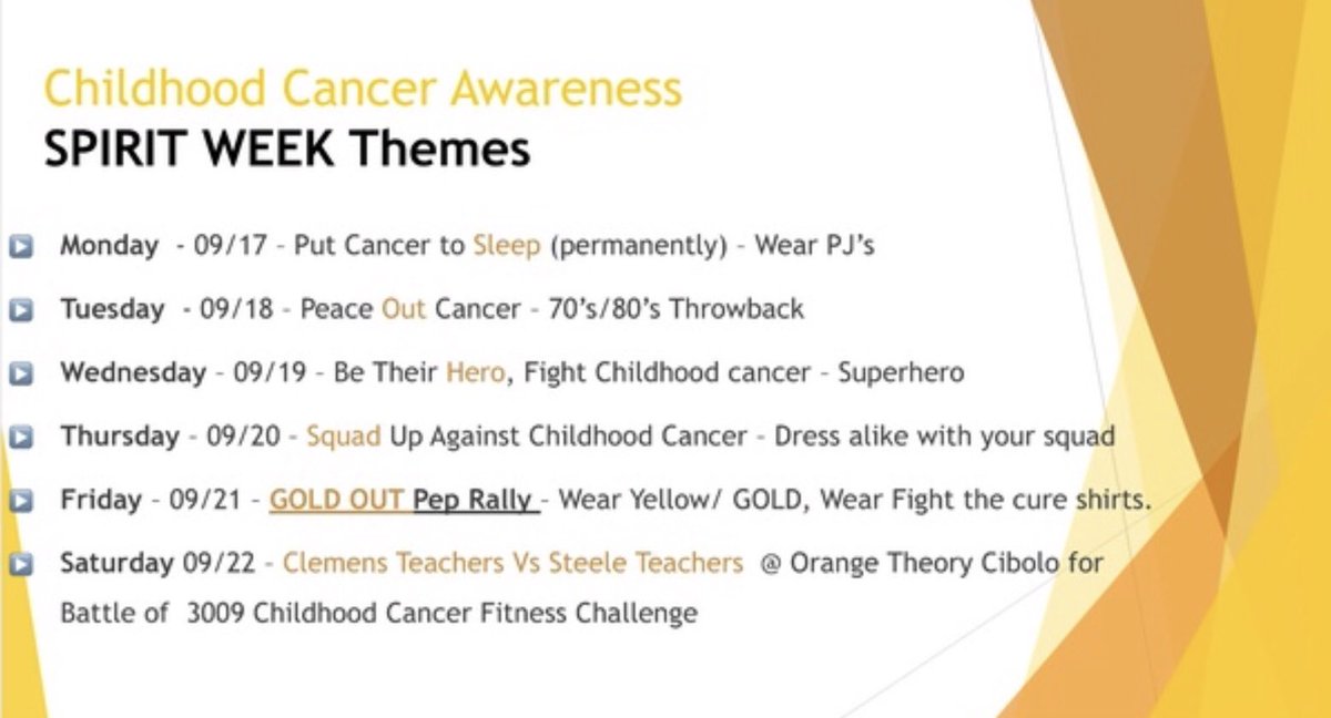 Join us for our spirit week to help bring awareness to the battle against childhood cancer! #GoBuffs