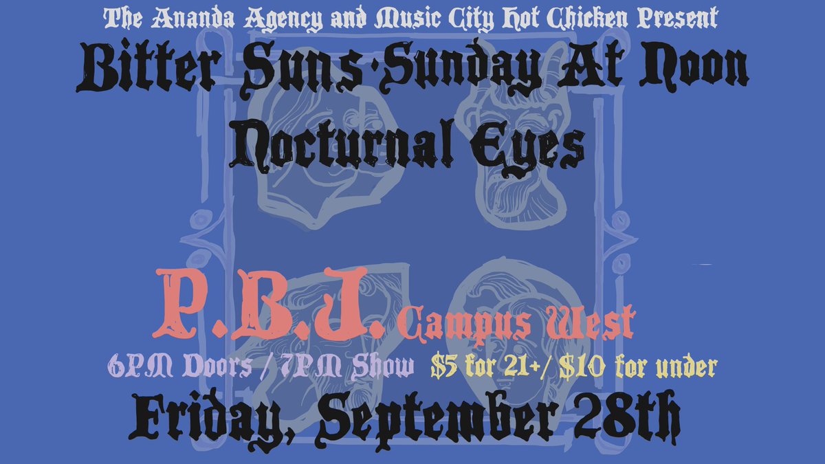 September 29th at Pinball Jones Campus West:

@bittersunsband will be joined by @Sunday_at_Noon from Arizona &amp; The Nocturnal Eyes who will be playing their debut show!

All ages
6pm doors / 7pm show
$5 for anyone over 21+
$10 for anyone under 21

facebook.com/events/1274473…