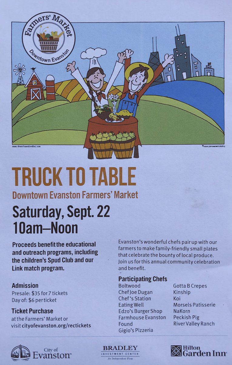 The annual Farmers’ Market Truck to Table event is this Saturday!! Come to try a variety of great eats made with locally sourced produce and by top local chefs👨‍🍳👩‍🍳🍎🍆🥕🌽🥔🍠 Find tickets at the market or visit cityofevanston.org/rectickets