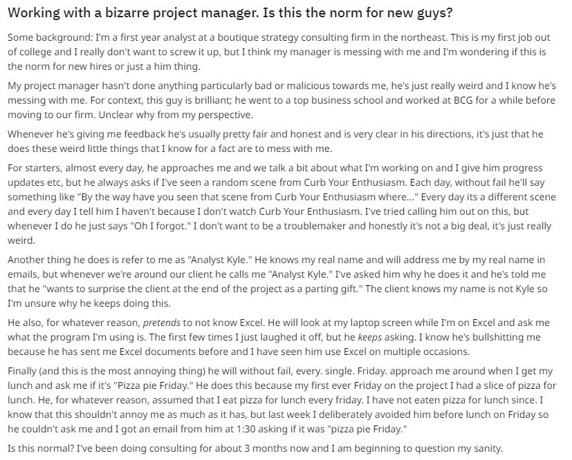raheemsarcar's tweet photo. The case of the weird project manager at a boutique consulting firm. It's hilarious! https://t.co/7YZBVti8C6