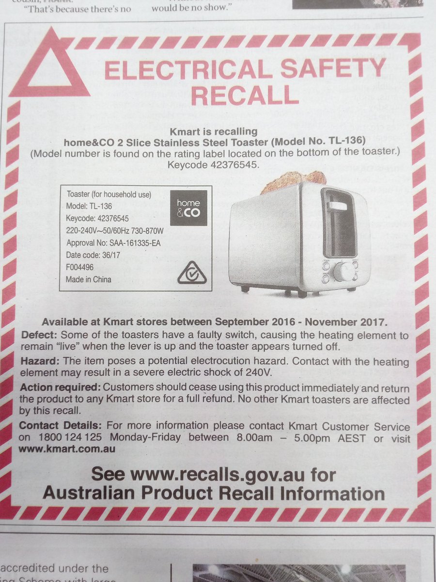 Q_SafeTest's tweet image. Kmart is recalling Home&amp;amp;Co 2 slice toasters due to a potential electrocution hazard.  Return to Kmart for a full refund.  Google "toaster kmart recall" for further details.