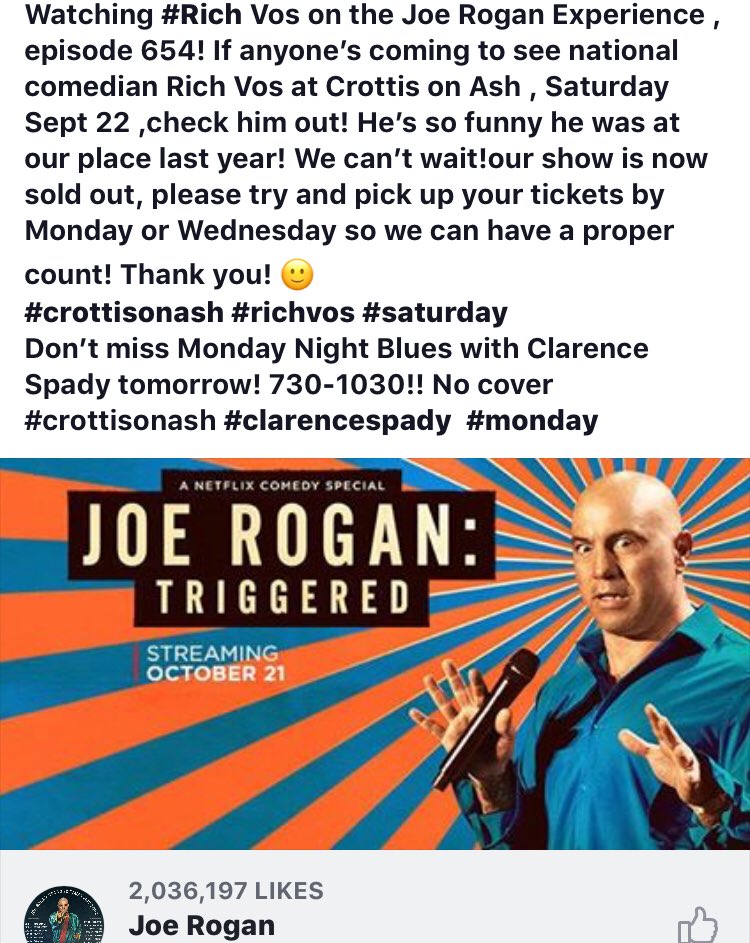 crottisonash's tweet image. Watching @joerogan experience with Rich Vos! We can’t wait to have @RichVos perform at @crottisonash, this Saturday (9/22) (Sold out). Anyone coming to the show check him out, it’s on YouTube!