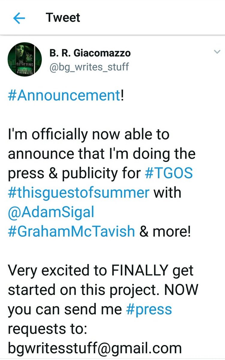 Official PSA: we have been informed that <a href="/bg_writes_stuff/">B. R. Giacomazzo</a> is not involved in any way with #thisguestofsummer #tgos starring <a href="/grahammctavish/">.</a> Any claims that she is doing the PR are completely false. Press inquiries should only be directed to <a href="/AdamSigal/">Adam Sigal</a> and @jackilippman